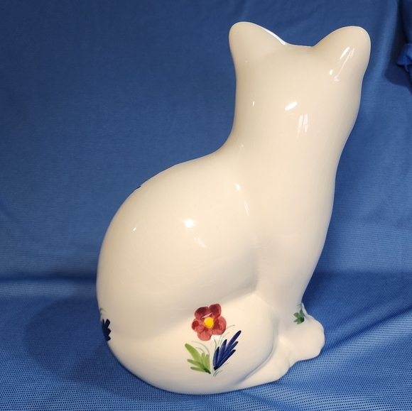 Vtg Ceramic White Kitty Cat Art Elpa Alcobaca Portuguese Hand Painted Flowers - Picture 4 of 10